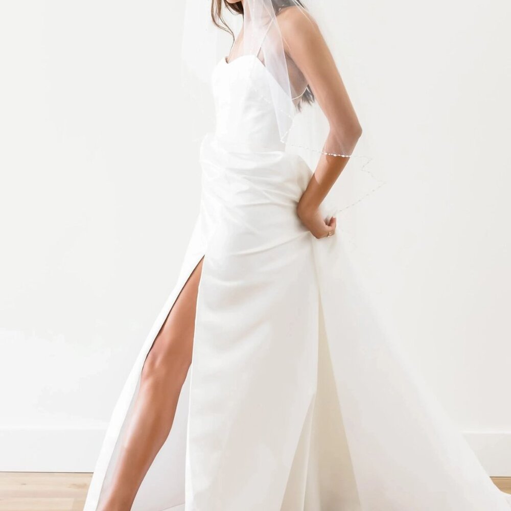 Wtoo White Satin Strapless A-Line Wedding Dress with Front Slit - Picture 6 of 11